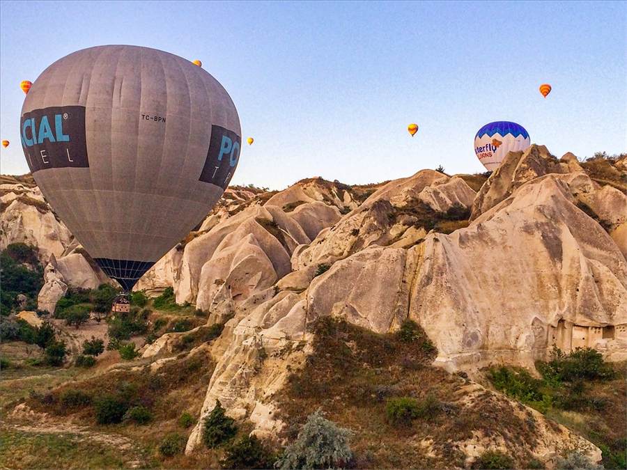 Hot-air balloons over the fairy chimneys of Cappadocia